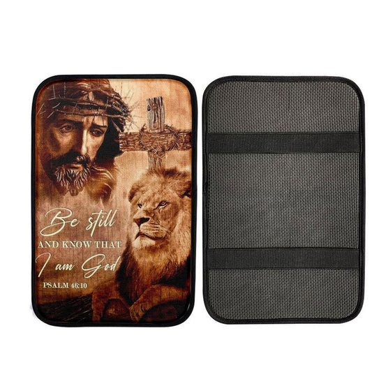 Jesus, Watercolor Lion, Crown Of Thorn, Be Still And Know That I Am God Car Center Console Cover, Car Armrest Pad, Christian Gift