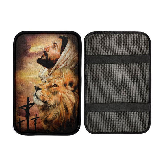 Jesus Watercolor Lion Jesus On The Cross Car Center Console Cover, Car Armrest Pad, Christian Gift, Armrest Box Mat