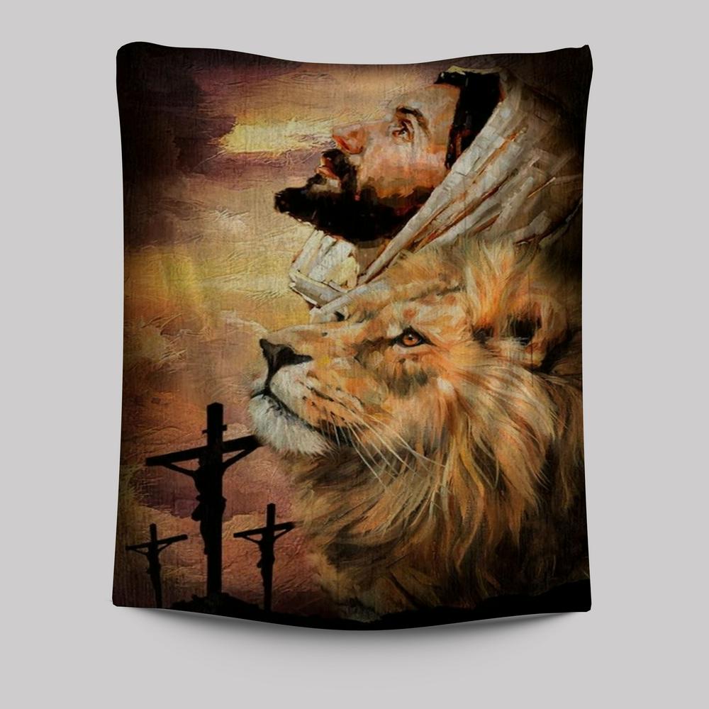Jesus Watercolor Lion Jesus On The Cross Tapestry