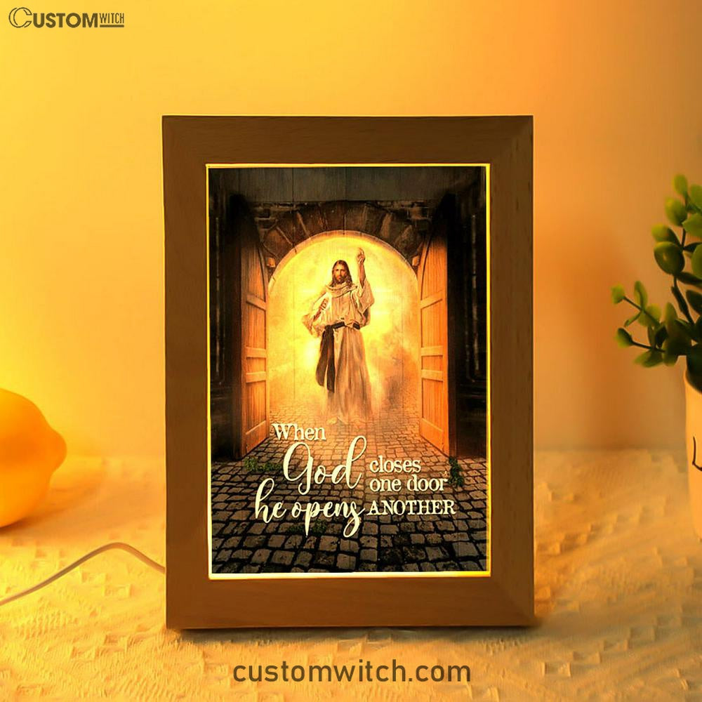 Jesus When God Closes One Door Frame Lamp Art - Christian Night Light - Bible Verse Wooden Lamp