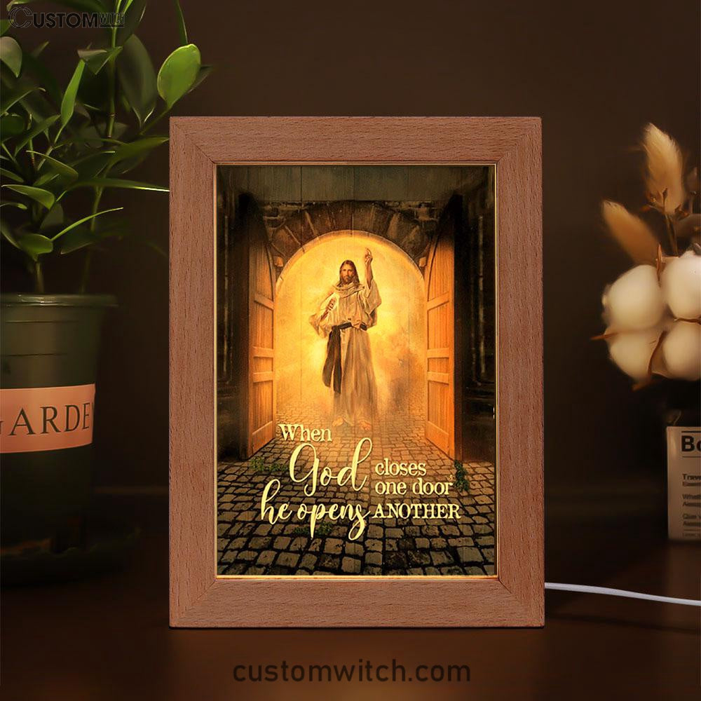 Jesus When God Closes One Door Frame Lamp Art - Christian Night Light - Bible Verse Wooden Lamp