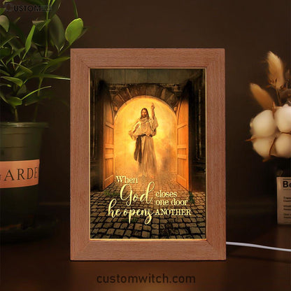 Jesus When God Closes One Door Frame Lamp Art - Christian Night Light - Bible Verse Wooden Lamp