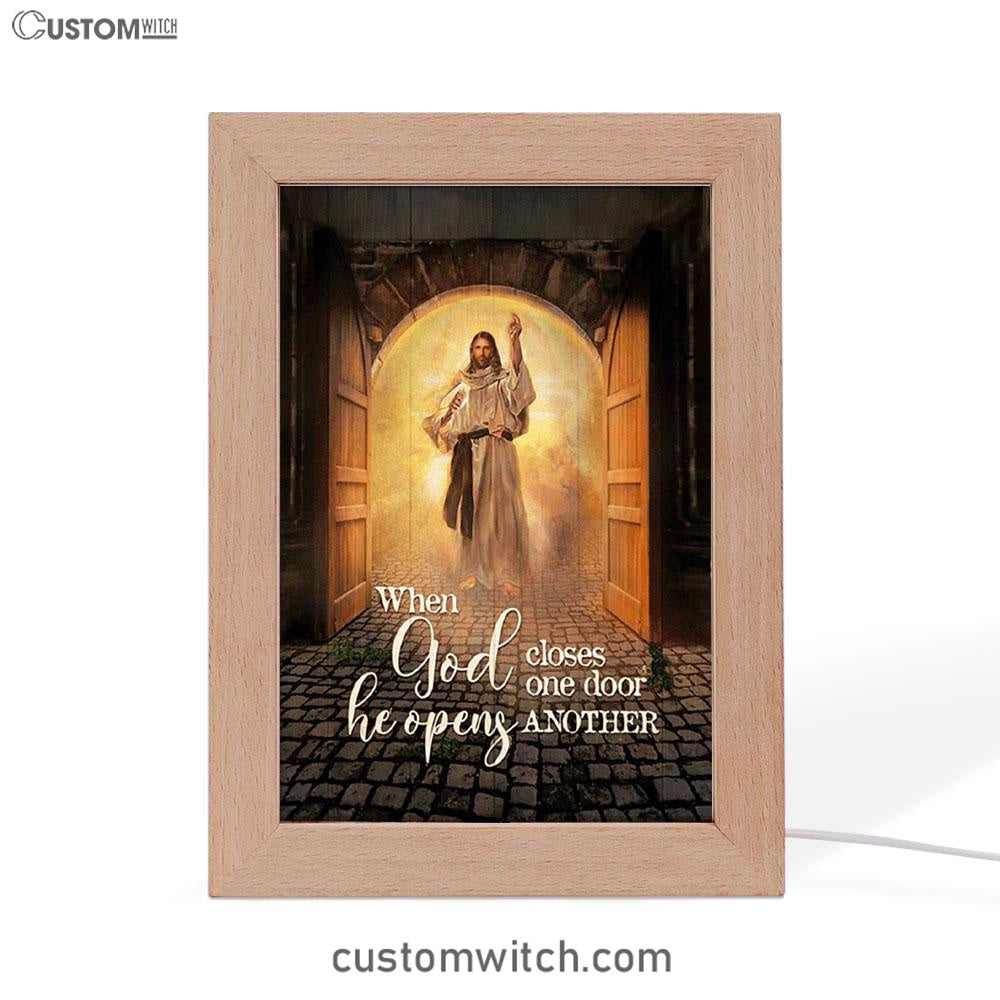 Jesus When God Closes One Door Frame Lamp Art - Christian Night Light - Bible Verse Wooden Lamp