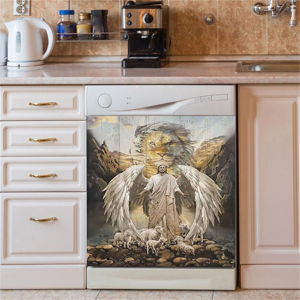 Jesus Wings Lamb Lion Dishwasher Cover, Lion Dishwasher Wrap, Christian Inspirational Kitchen Decoration
