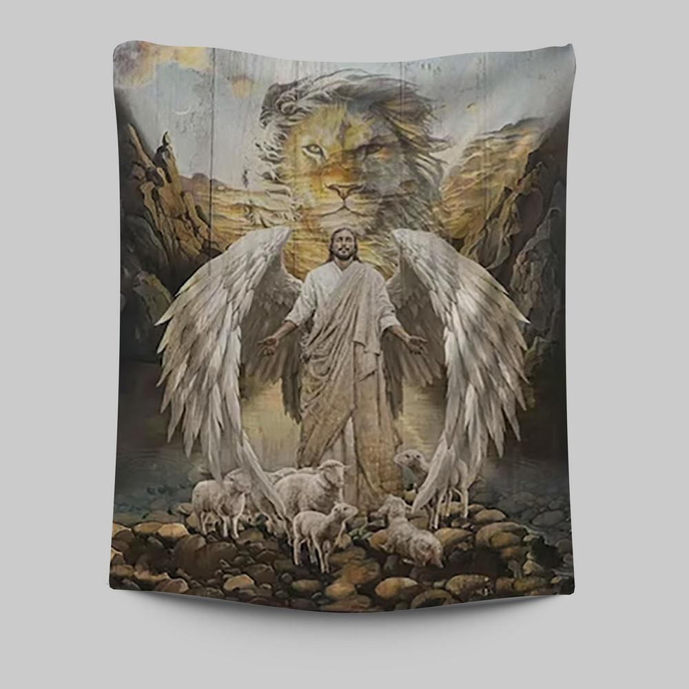 Jesus Wings Lamb Lion Tapestry Prints - Lion Tapestry Art - Christian Inspirational Tapestry