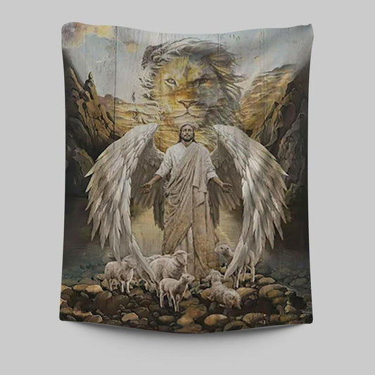 Jesus Wings Lamb Lion Tapestry Prints - Lion Tapestry Art - Christian Inspirational Tapestry