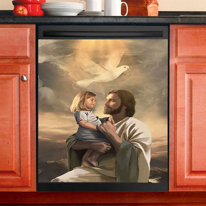 Jesus With Child White Dove Dishwasher Cover, Christian Dishwasher Wrap, Bible Verse Kitchen Decoration