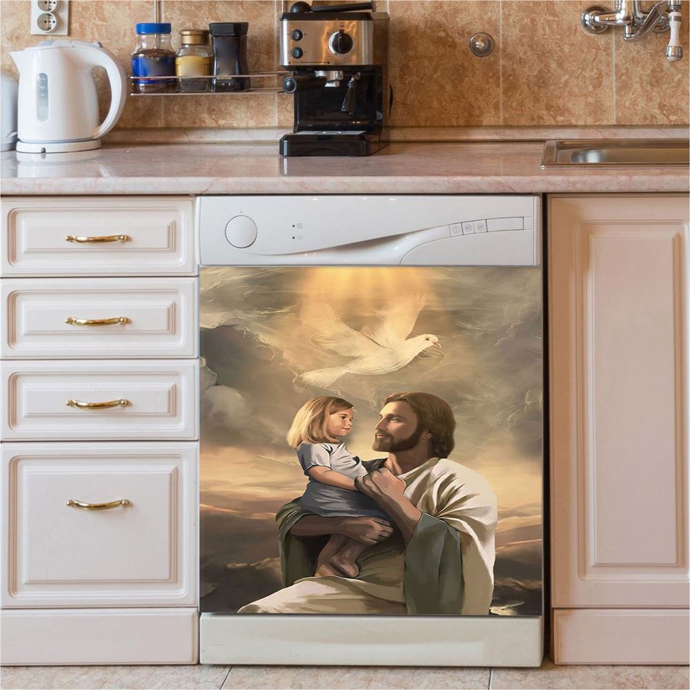 Jesus With Child White Dove Dishwasher Cover, Christian Dishwasher Wrap, Bible Verse Kitchen Decoration