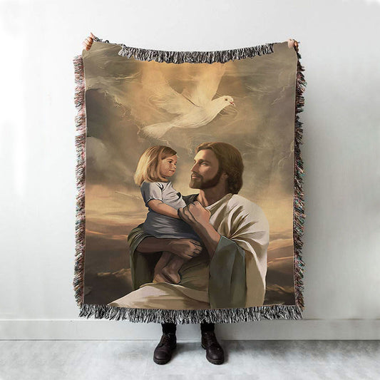 Jesus With Child White Dove Woven Blanket Art - Christian Art - Bible Verse Throw Blanket - Religious Home Decor