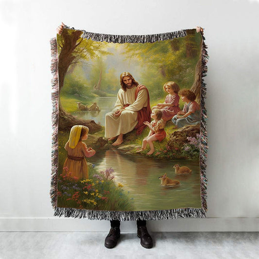 Jesus With Children Woven Blanket Prints - Jesus Woven Blanket Art - Christian Throw Blanket Decor