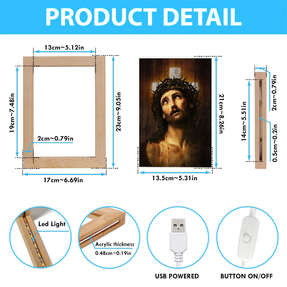 Jesus With Crown Of Thorns White Cross Art Frame Lamp - Jesus Portrait Frame Lamp Prints - Christian Art