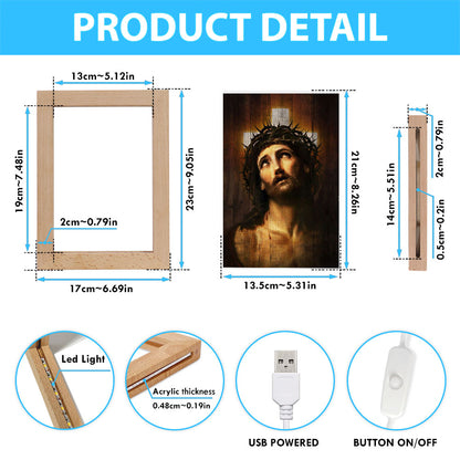 Jesus With Crown Of Thorns White Cross Art Frame Lamp - Jesus Portrait Frame Lamp Prints - Christian Art