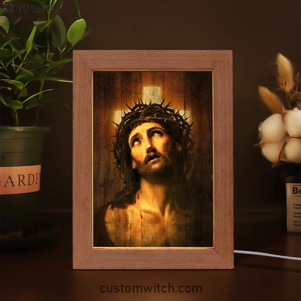 Jesus With Crown Of Thorns White Cross Art Frame Lamp - Jesus Portrait Frame Lamp Prints - Christian Art