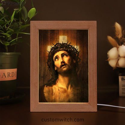 Jesus With Crown Of Thorns White Cross Art Frame Lamp - Jesus Portrait Frame Lamp Prints - Christian Art