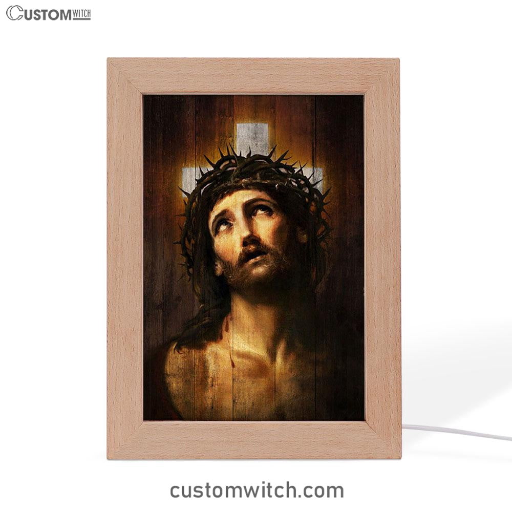 Jesus With Crown Of Thorns White Cross Art Frame Lamp - Jesus Portrait Frame Lamp Prints - Christian Art