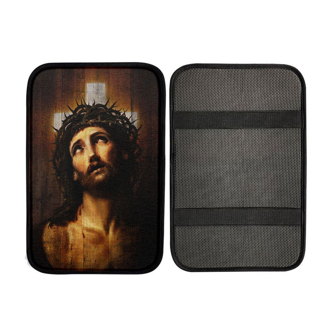 Jesus With Crown Of Thorns White Cross Car Center Console Cover, Christian Car Armrest Accessories