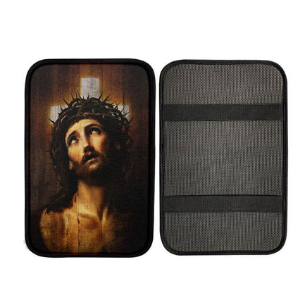 Jesus With Crown Of Thorns White Cross Car Center Console Cover, Christian Car Armrest Accessories