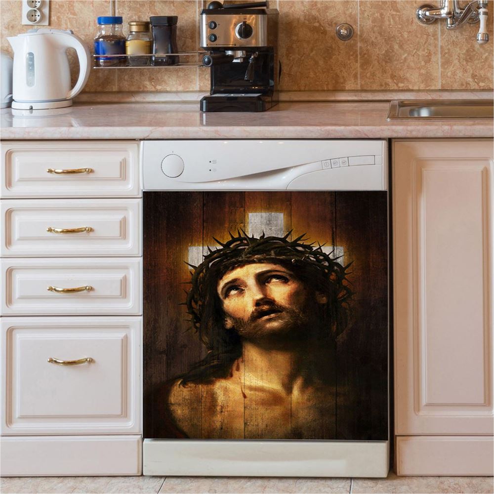 Jesus With Crown Of Thorns White Cross Dishwasher Cover, Jesus Portrait Dishwasher Wrap, Christian Kitchen Decoration