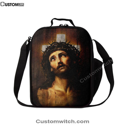 Jesus With Crown Of Thorns White Cross Lunch Bag, Christian Lunch Box For School, Picnic
