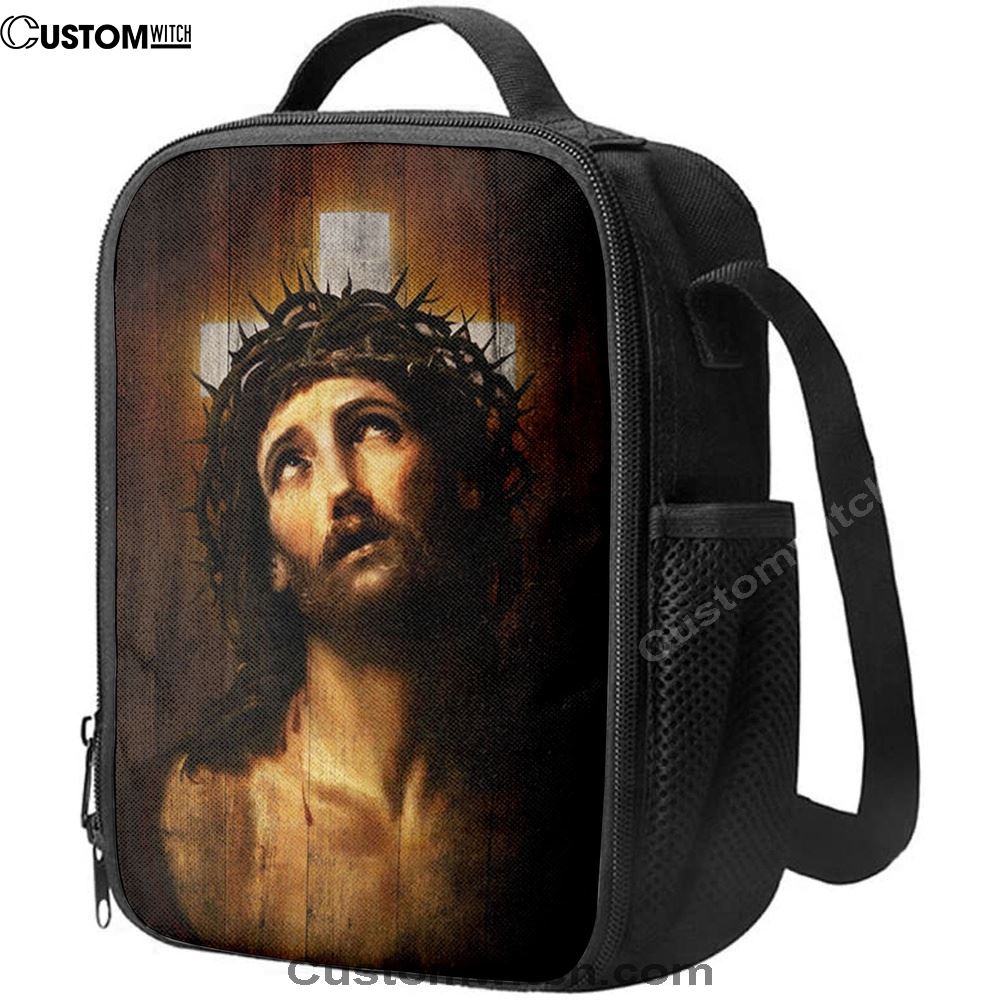 Jesus With Crown Of Thorns White Cross Lunch Bag, Christian Lunch Box For School, Picnic