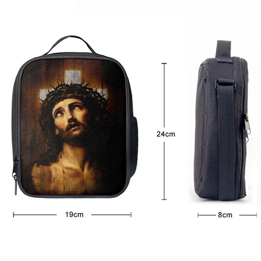 Jesus With Crown Of Thorns White Cross Lunch Bag, Christian Lunch Box For School, Picnic
