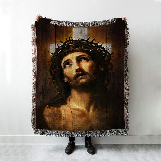 Jesus With Crown Of Thorns White Cross Throw Blanket Woven Blanket - Jesus Portrait Woven Blanket Prints - Christian Throw Blanket
