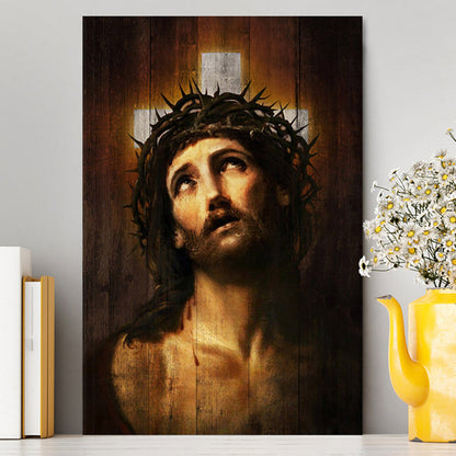 Jesus With Crown Of Thorns White Cross Wall Art Canvas - Jesus Portrait Canvas Prints - Christian Wall Art