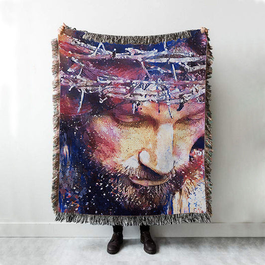 Jesus With Crown Of Thorns Woven Blanket Prints - Jesus Christ Woven Blanket Art - Christian Boho Blanket