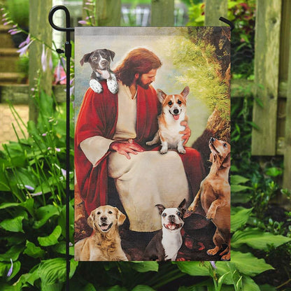 Jesus With Dog, Jesus Garden Flag, Dog Lover Flag, Garden Flag, Decorative Flag, Welcome Flag, Gift For Jesus Dog Lover, Christian Flag