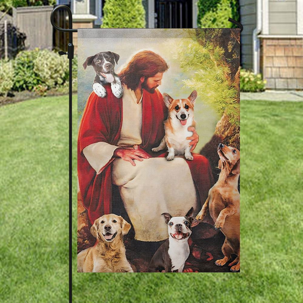 Jesus With Dog, Jesus Garden Flag, Dog Lover Flag, Garden Flag, Decorative Flag, Welcome Flag, Gift For Jesus Dog Lover, Christian Flag