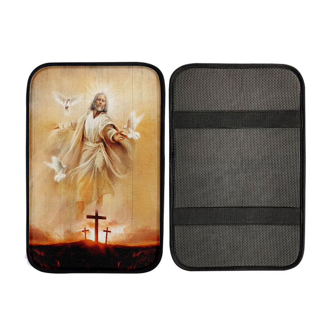Jesus With Dove Sunset Wooden Cross Car Center Console Cover, Christian Car Armrest Accessories