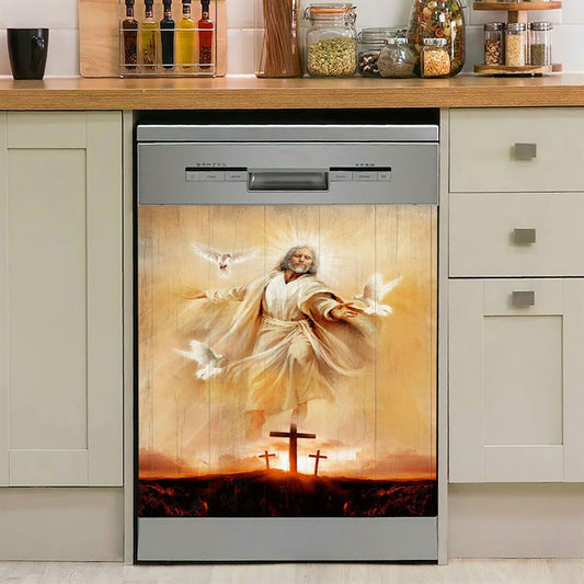Jesus With Dove Sunset Wooden Cross Dishwasher Cover, Christian Dishwasher Wrap, Bible Verse Kitchen Decoration