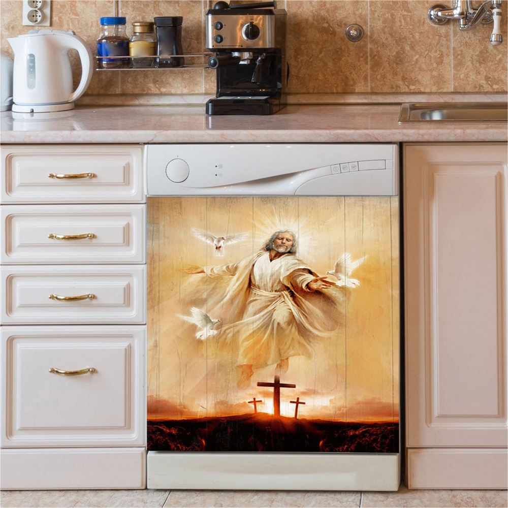 Jesus With Dove Sunset Wooden Cross Dishwasher Cover, Christian Dishwasher Wrap, Bible Verse Kitchen Decoration
