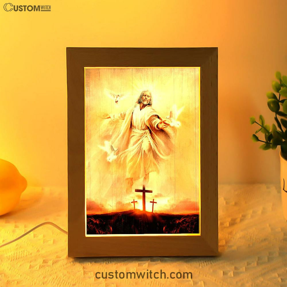 Jesus With Dove Sunset Wooden Cross Frame Lamp Art - Christian Night Light - Bible Verse Wooden Lamp