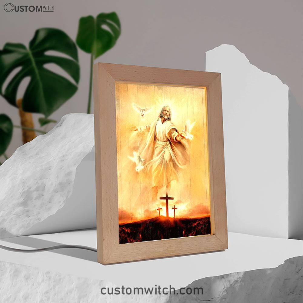 Jesus With Dove Sunset Wooden Cross Frame Lamp Art - Christian Night Light - Bible Verse Wooden Lamp