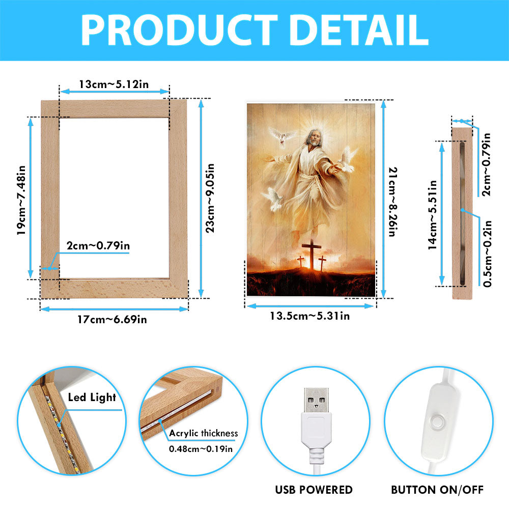 Jesus With Dove Sunset Wooden Cross Frame Lamp Art - Christian Night Light - Bible Verse Wooden Lamp