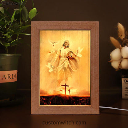Jesus With Dove Sunset Wooden Cross Frame Lamp Art - Christian Night Light - Bible Verse Wooden Lamp
