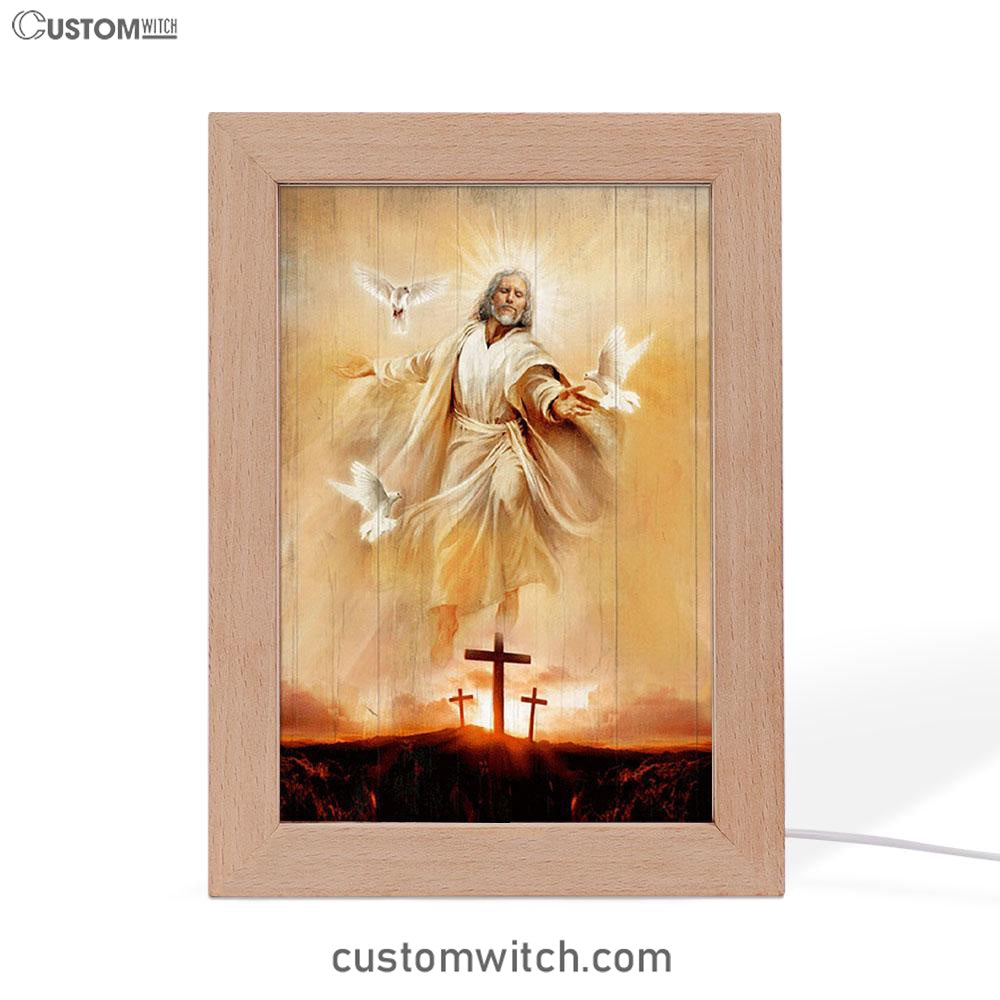 Jesus With Dove Sunset Wooden Cross Frame Lamp Art - Christian Night Light - Bible Verse Wooden Lamp