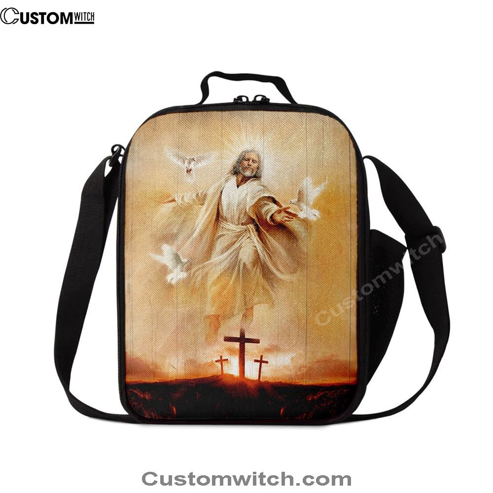 Jesus With Dove Sunset Wooden Cross Lunch Bag, Christian Lunch Box For School, Picnic