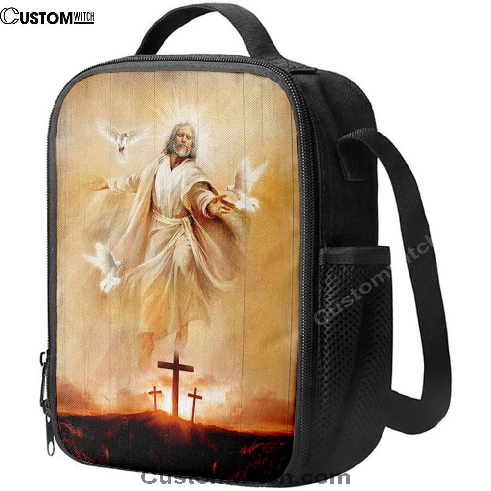 Jesus With Dove Sunset Wooden Cross Lunch Bag, Christian Lunch Box For School, Picnic