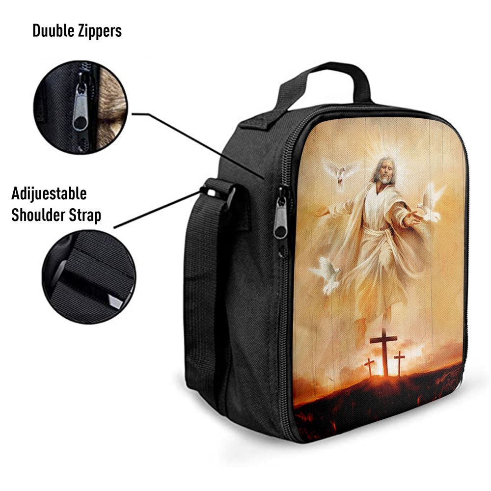 Jesus With Dove Sunset Wooden Cross Lunch Bag, Christian Lunch Box For School, Picnic