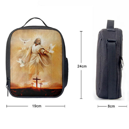Jesus With Dove Sunset Wooden Cross Lunch Bag, Christian Lunch Box For School, Picnic