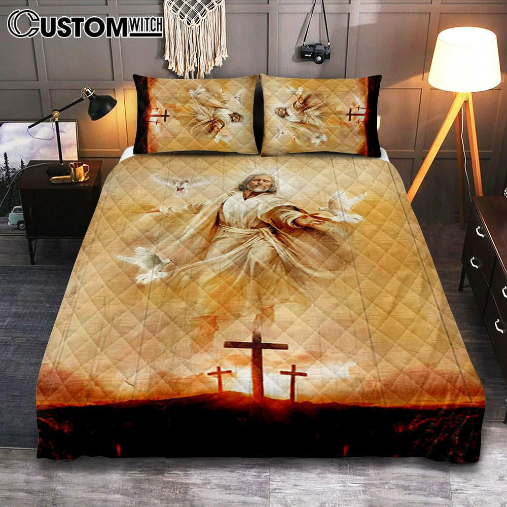 Jesus With Dove Sunset Wooden Cross Quilt Bedding Set Bedroom - Christian Quilt Bedding Set Prints - Bible Verse Quilt Bedding Set Art