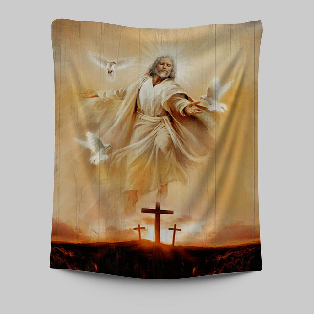 Jesus With Dove Sunset Wooden Cross Tapestry Wall Art - Christian Tapestries Prints - Bible Verse Tapestry Art