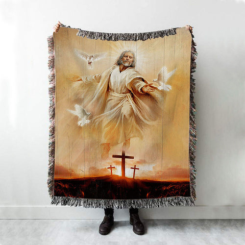 Jesus With Dove Sunset Wooden Cross Woven Throw Blanket - Christian Woven Blanket Prints - Bible Verse Woven Blanket Art