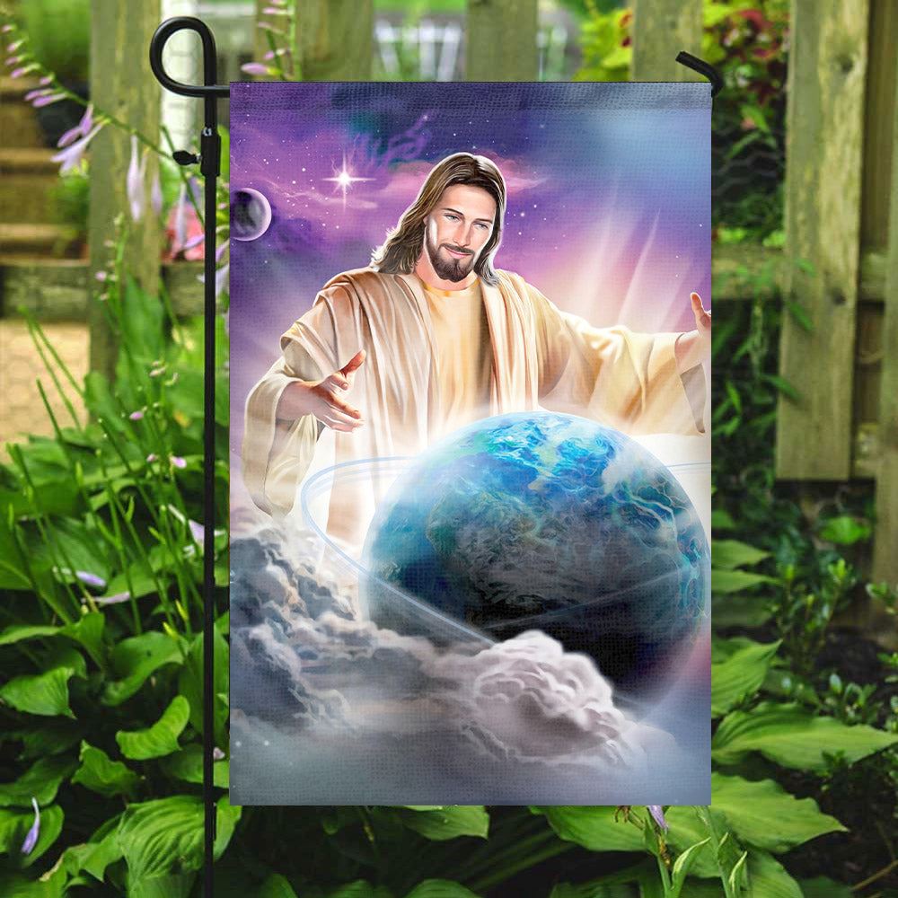 Jesus With Earth, Jesus Holding Earth, God Has The Whole World In His Hands, Jesus Flag, Garden Flag, Welcome Flag, Christian Flag, Scripture Flag