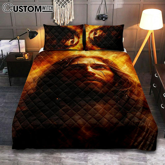 Jesus With Fire Quilt Bedding Set Prints - Jesus Quilt Bedding Set Art - Christian Bedroom Decor