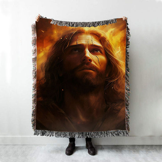 Jesus With Fire Woven Blanket Prints - Jesus Woven Blanket Art - Christian Throw Blanket Decor