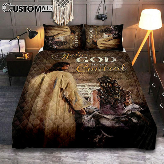 Jesus With Girl God Is In Control Bedroom Quilt Bedding Set - Jesus Portrait Quilt Bedding Set Prints - Christian Bedroom