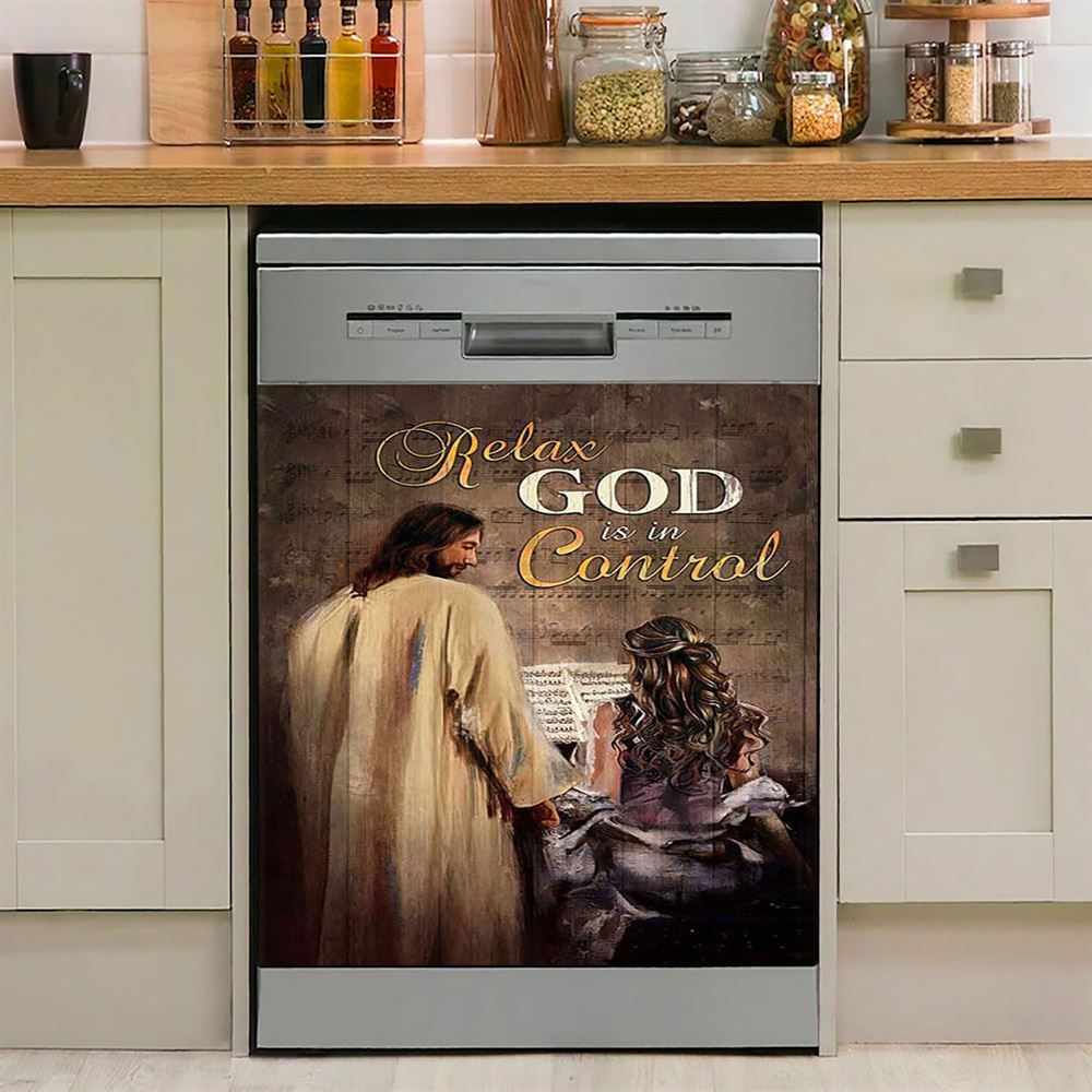 Jesus With Girl God Is In Control Dishwasher Cover, Jesus Portrait Dishwasher Wrap, Christian Kitchen Decoration
